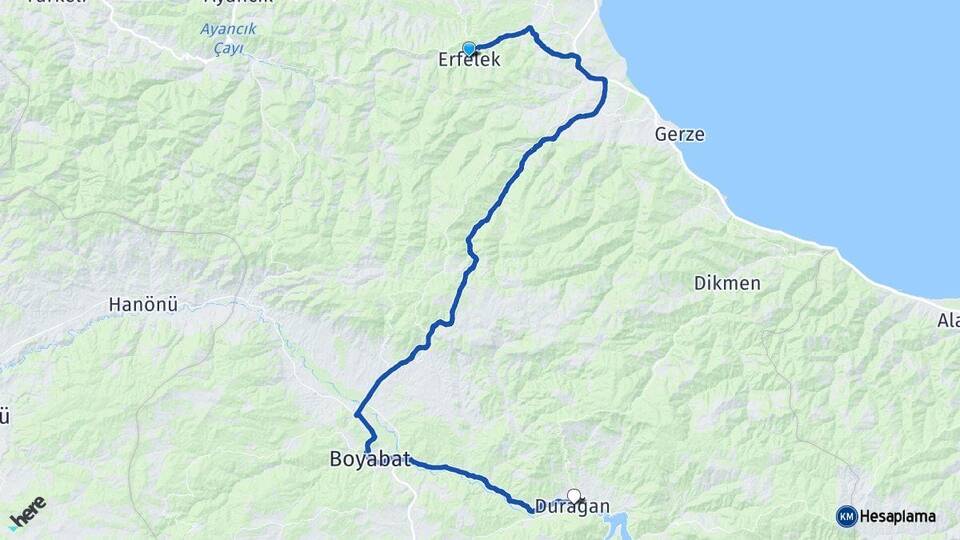 Sinop Erfelek Durağan Arası Kaç Km - Yol Haritası