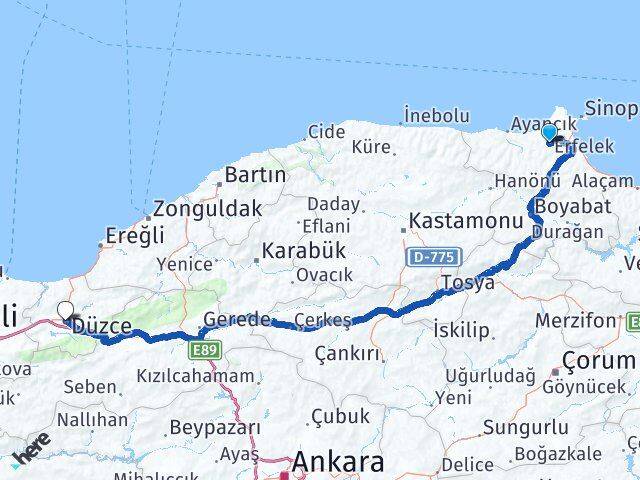 Sinop Erfelek Düzce Arası Kaç Km - Yol Haritası