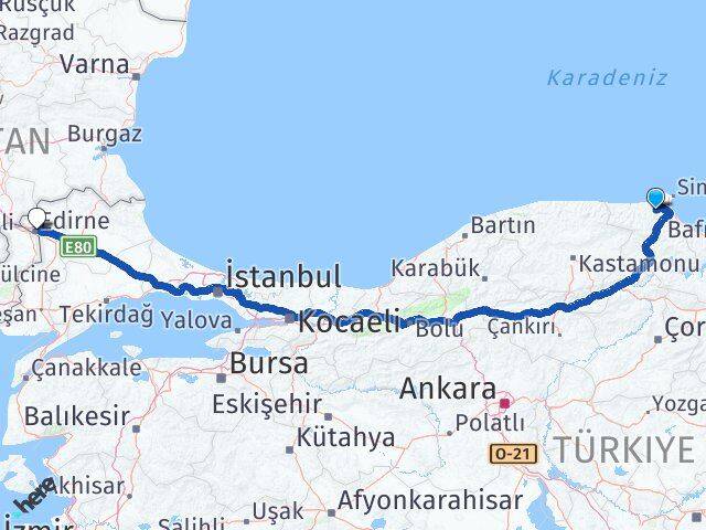 Sinop Erfelek Edirne Arası Kaç Km - Yol Haritası