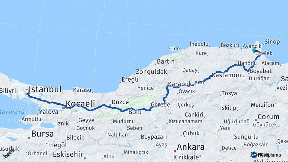 Sinop Erfelek İstanbul Arası Kaç Km - Yol Haritası