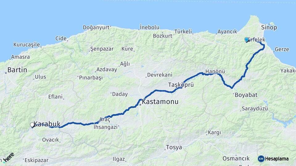 Sinop Erfelek Karabük Arası Kaç Km - Yol Haritası