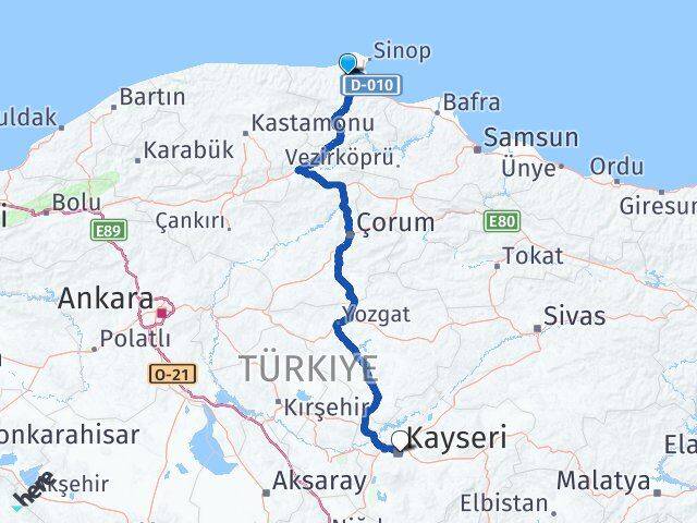 Sinop Erfelek Kayseri Arası Kaç Km - Yol Haritası