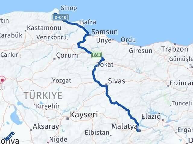 Sinop Erfelek Malatya Arası Kaç Km - Yol Haritası