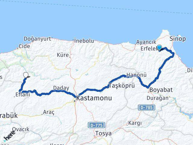 Sinop Erfelek Pınarbaşı Kastamonu Arası Kaç Km - Yol Haritası
