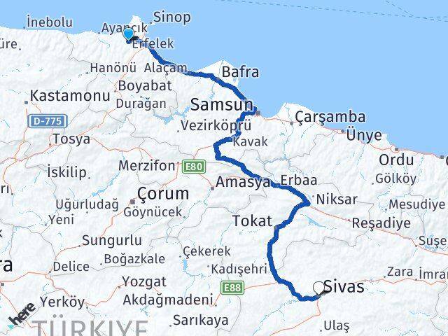 Sinop Erfelek Sivas Arası Kaç Km - Yol Haritası