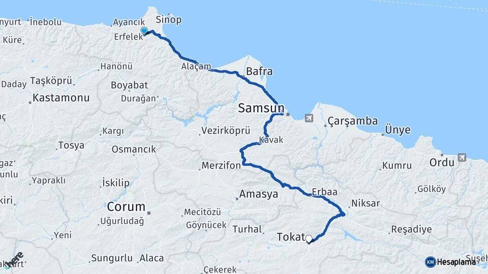 Sinop Erfelek Tokat Arası Kaç Km - Yol Haritası