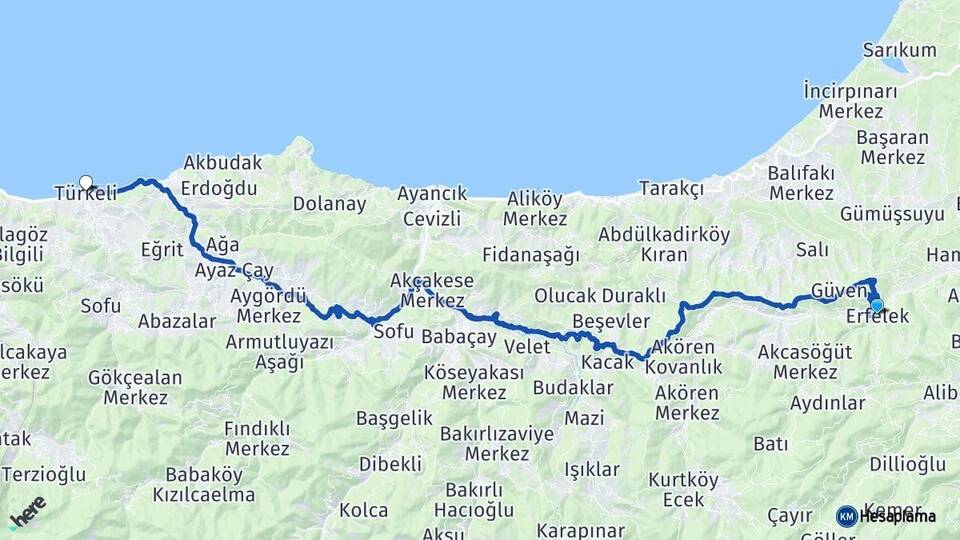 Sinop Erfelek Türkeli Arası Kaç Km - Yol Haritası