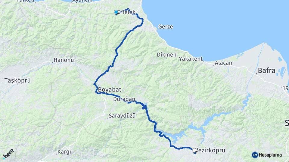 Sinop Erfelek Vezirköprü Samsun Arası Kaç Km - Yol Haritası