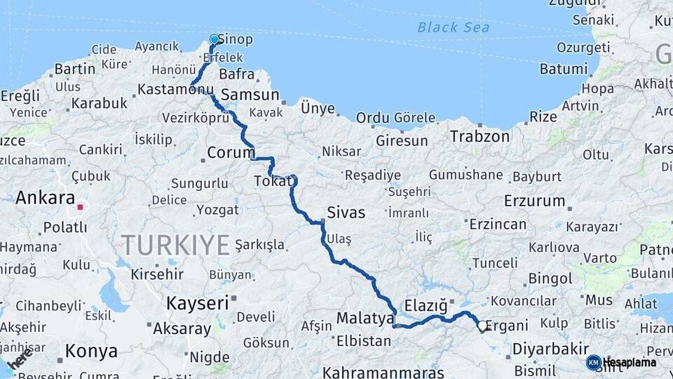Sinop Ergani Diyarbakır Arası Kaç Km - Yol Haritası
