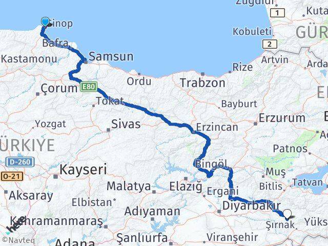 Sinop Eruh Siirt Arası Kaç Km - Yol Haritası