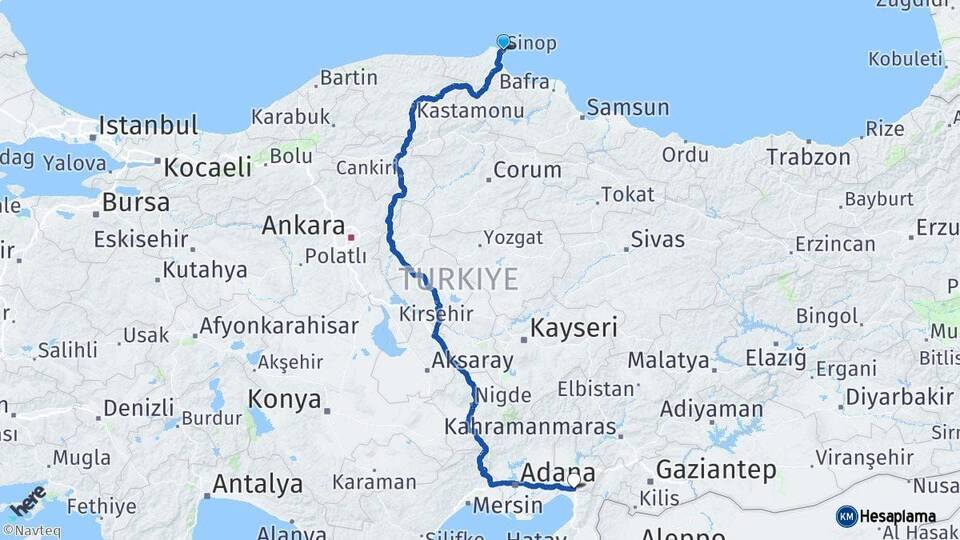 Sinop Erzin Hatay Arası Kaç Km - Yol Haritası