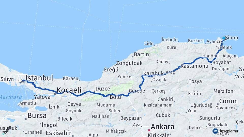 Sinop Esenler İstanbul Arası Kaç Km - Yol Haritası