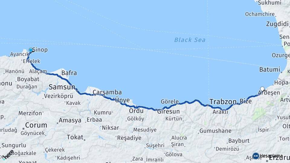 Sinop Fındıklı Rize Arası Kaç Km - Yol Haritası