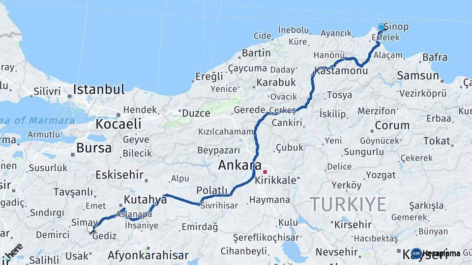 Sinop Gediz Kütahya Arası Kaç Km - Yol Haritası