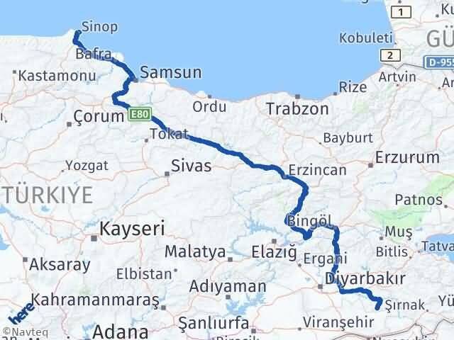 Sinop Gercüş Batman Arası Kaç Km - Yol Haritası