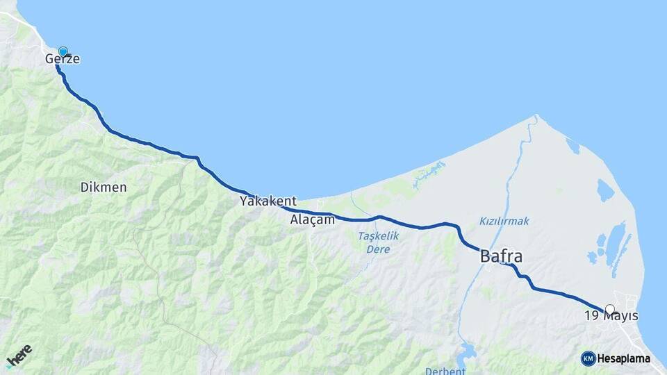 Sinop Gerze 19 Mayıs Samsun Arası Kaç Km - Yol Haritası
