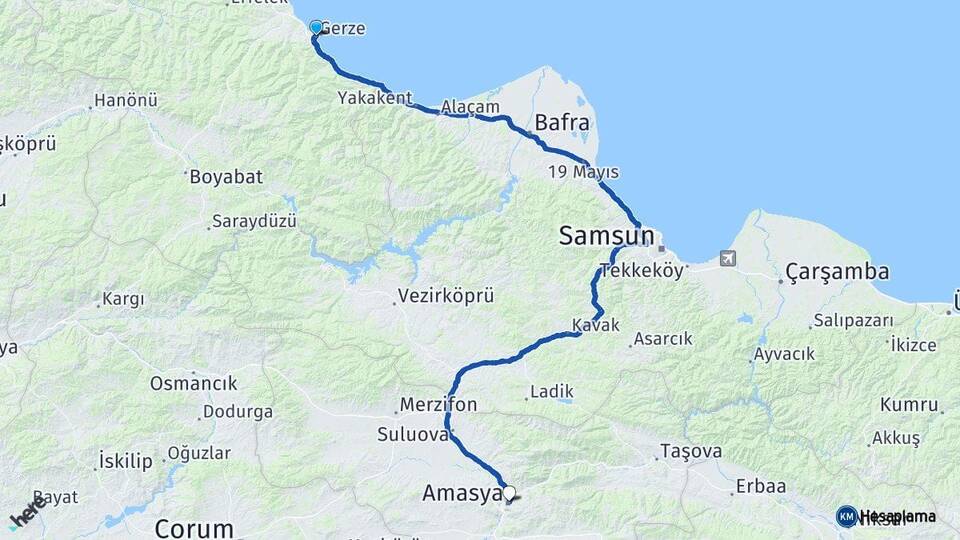Sinop Gerze Amasya Arası Kaç Km - Yol Haritası