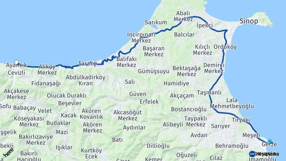 Sinop Gerze Ayancık Arası Kaç Km - Yol Haritası