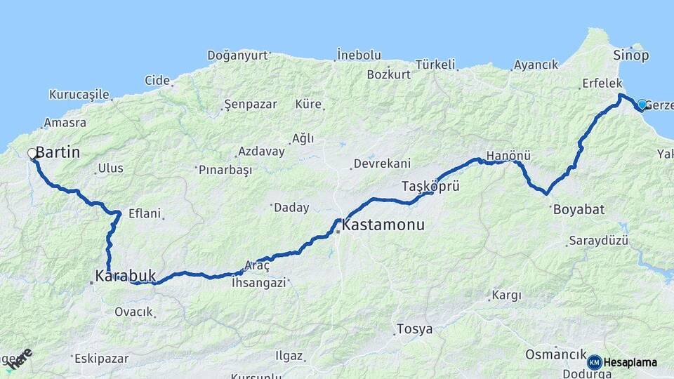 Sinop Gerze Bartın Arası Kaç Km - Yol Haritası
