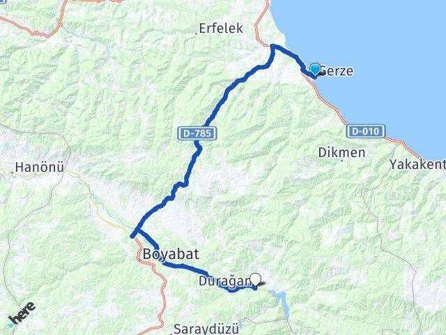 Sinop Gerze Durağan Arası Kaç Km - Yol Haritası