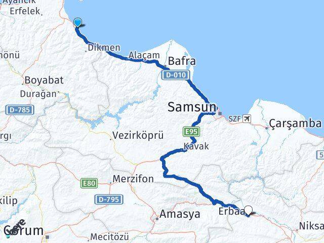 Sinop Gerze Erbaa Tokat Arası Kaç Km - Yol Haritası