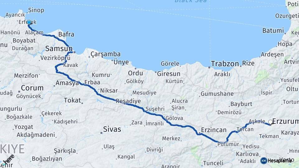 Sinop Gerze Erzurum Arası Kaç Km - Yol Haritası