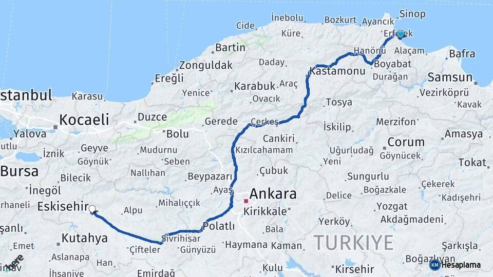Sinop Gerze Eskişehir Arası Kaç Km - Yol Haritası