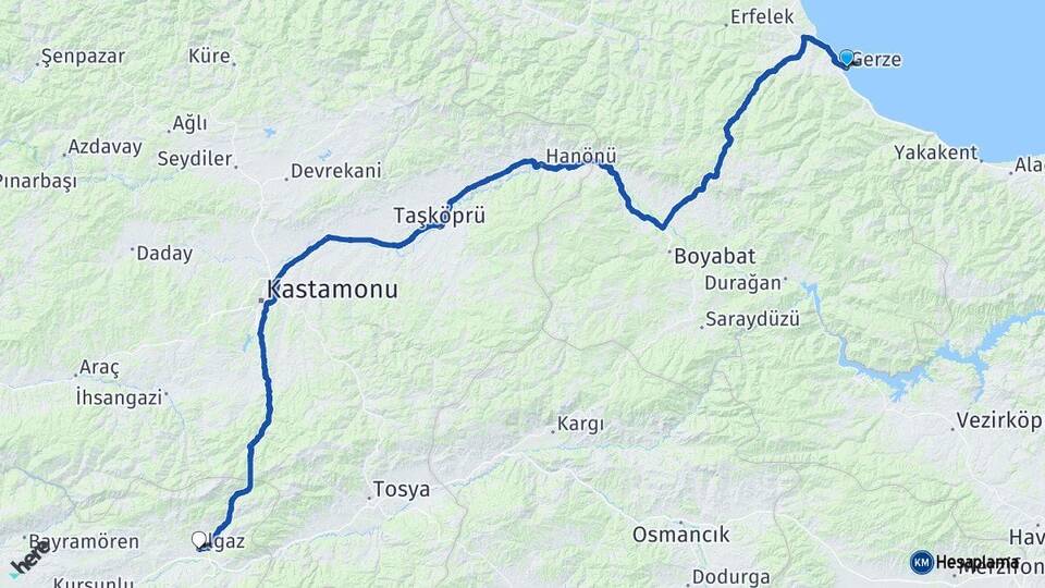 Sinop Gerze Ilgaz Çankırı Arası Kaç Km - Yol Haritası