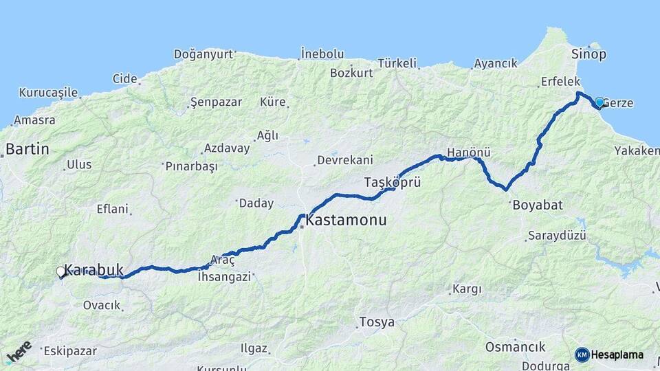 Sinop Gerze Karabük Arası Kaç Km - Yol Haritası