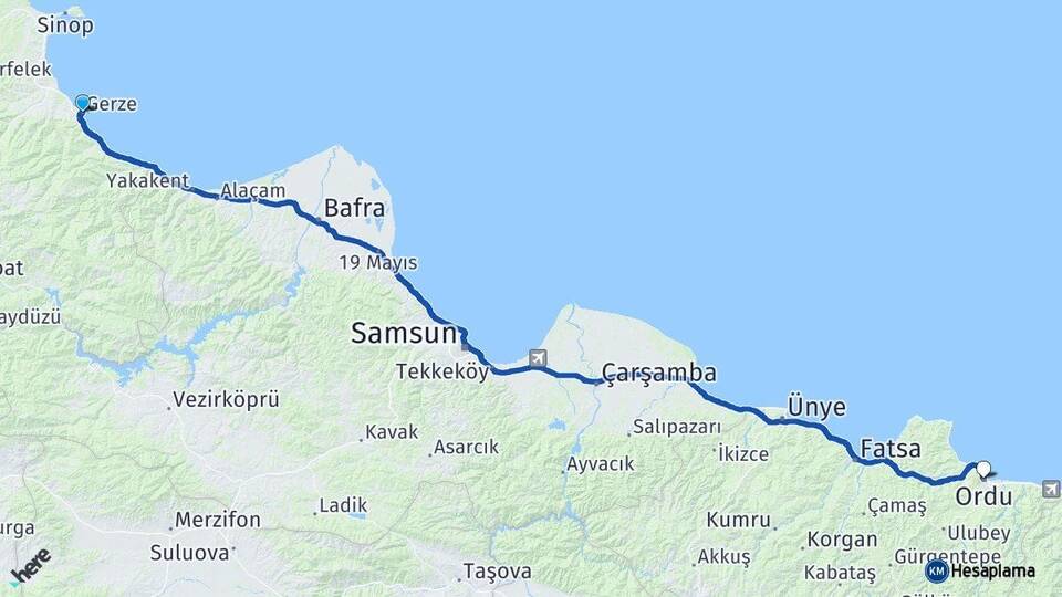 Sinop Gerze Ordu Arası Kaç Km - Yol Haritası