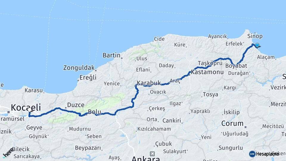 Sinop Gerze Sakarya Arası Kaç Km - Yol Haritası