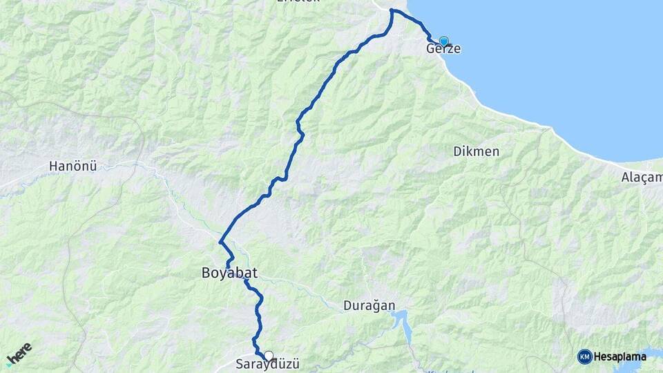 Sinop Gerze Saraydüzü Arası Kaç Km - Yol Haritası