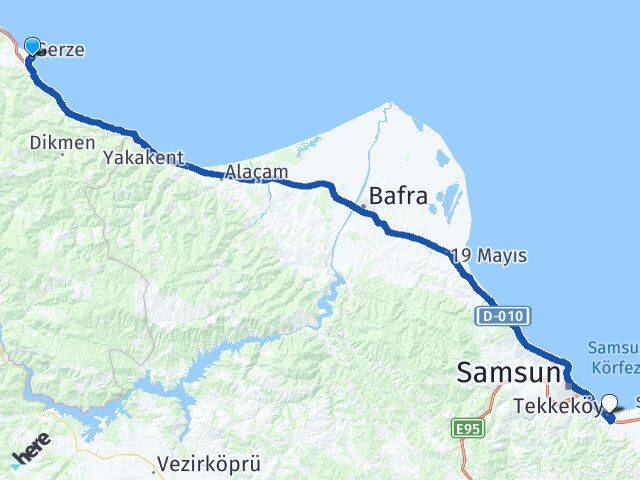 Sinop Gerze Tekkeköy Samsun Arası Kaç Km - Yol Haritası