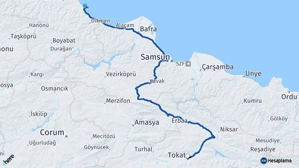 Sinop Gerze Tokat Arası Kaç Km - Yol Haritası