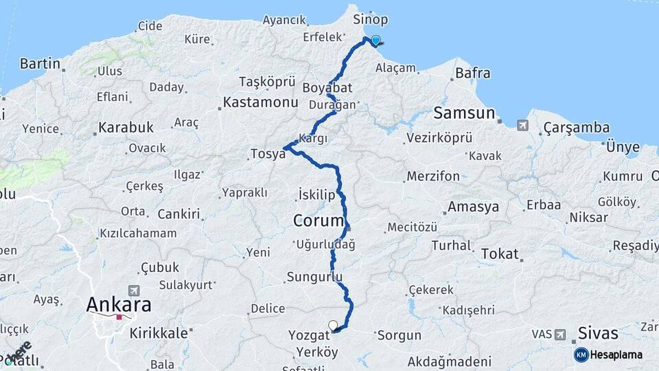 Sinop Gerze Yozgat Arası Kaç Km - Yol Haritası