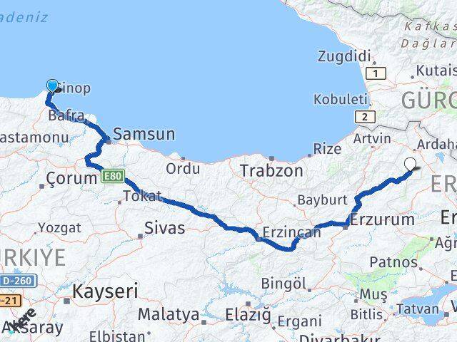 Sinop Göle Ardahan Arası Kaç Km - Yol Haritası