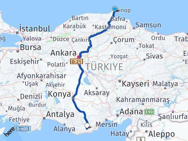 Sinop Gülnar Mersin Arası Kaç Km - Yol Haritası