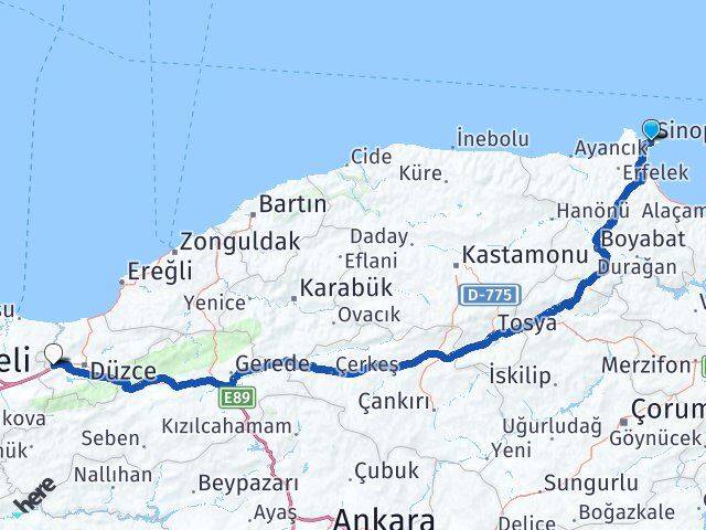 Sinop Gümüşova Düzce Arası Kaç Km - Yol Haritası