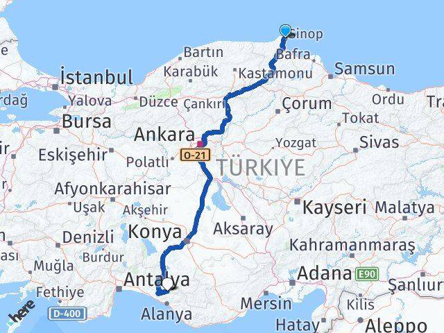 Sinop Gündoğmuş Antalya Arası Kaç Km - Yol Haritası