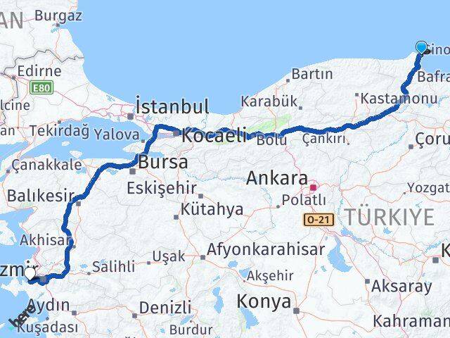 Sinop Güzelbahçe İzmir Arası Kaç Km - Yol Haritası