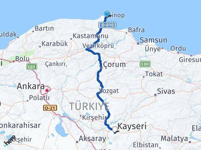 Sinop Hacılar Kayseri Arası Kaç Km - Yol Haritası