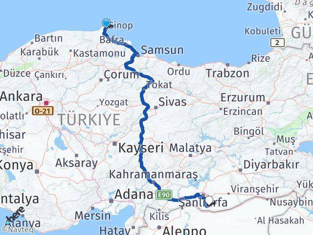Sinop Harran Şanlıurfa Arası Kaç Km - Yol Haritası