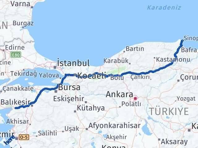 Sinop Havran Balıkesir Arası Kaç Km - Yol Haritası