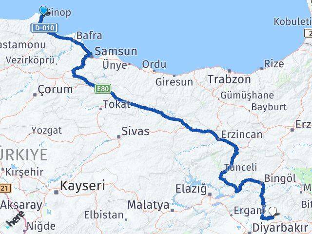 Sinop Hazro Diyarbakır Arası Kaç Km - Yol Haritası