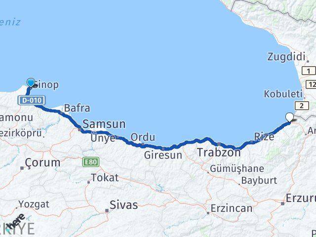 Sinop Hopa Artvin Arası Kaç Km - Yol Haritası