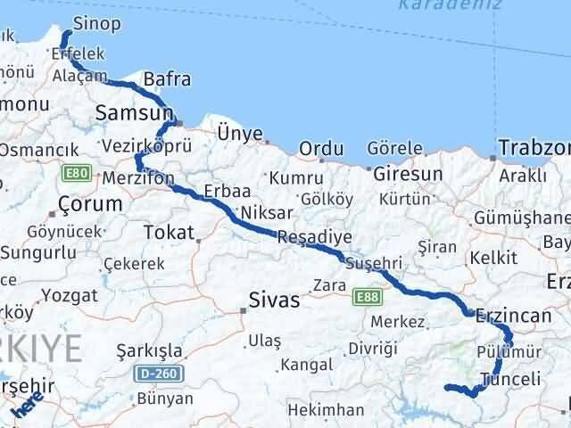 Sinop Hozat Tunceli Arası Kaç Km - Yol Haritası
