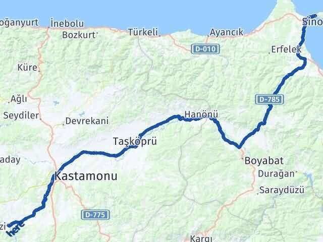Sinop İhsangazi Kastamonu Arası Kaç Km - Yol Haritası