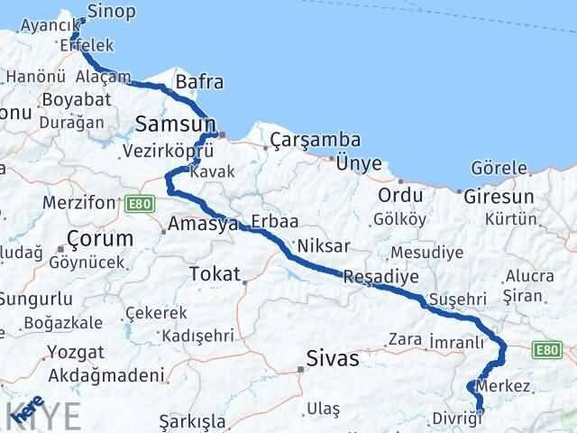 Sinop İliç Erzincan Arası Kaç Km - Yol Haritası