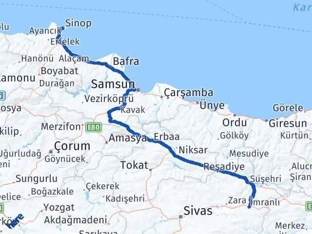 Sinop İmranlı Sivas Arası Kaç Km - Yol Haritası