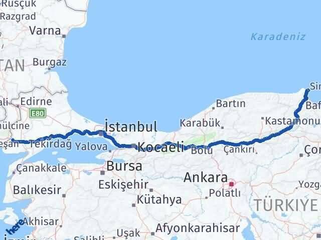 Sinop İpsala Edirne Arası Kaç Km - Yol Haritası
